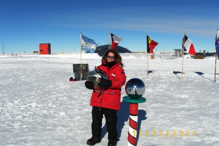 Dr. Hagar Landsman at the geographical South Pole